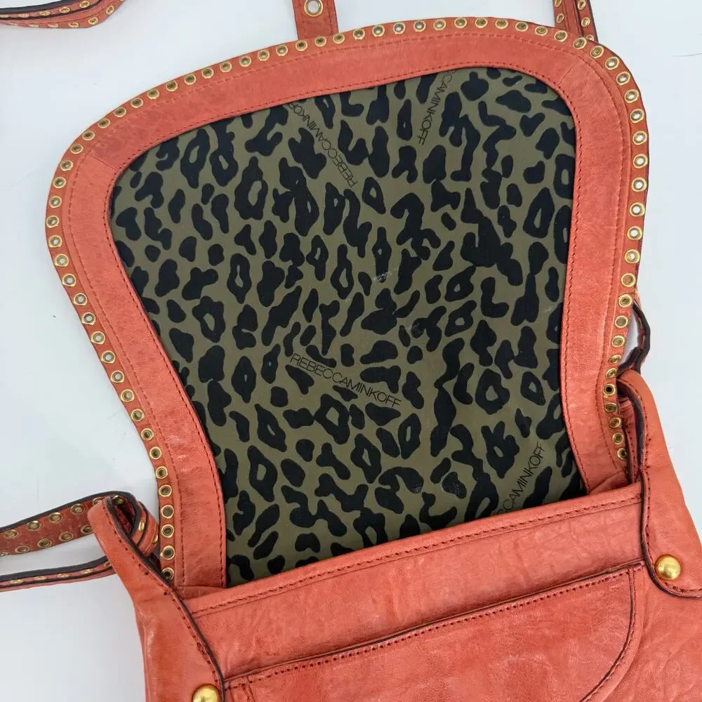 VTG Burnt Orange Leather Studded Crossbody Bag Boho Saddle Purse Rebecca Minkoff